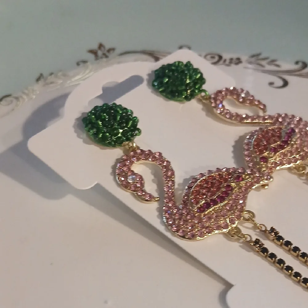 Rhinestone Extra Long Flamingo Earrings with Green and Pink Accents - Picture 4 of 7